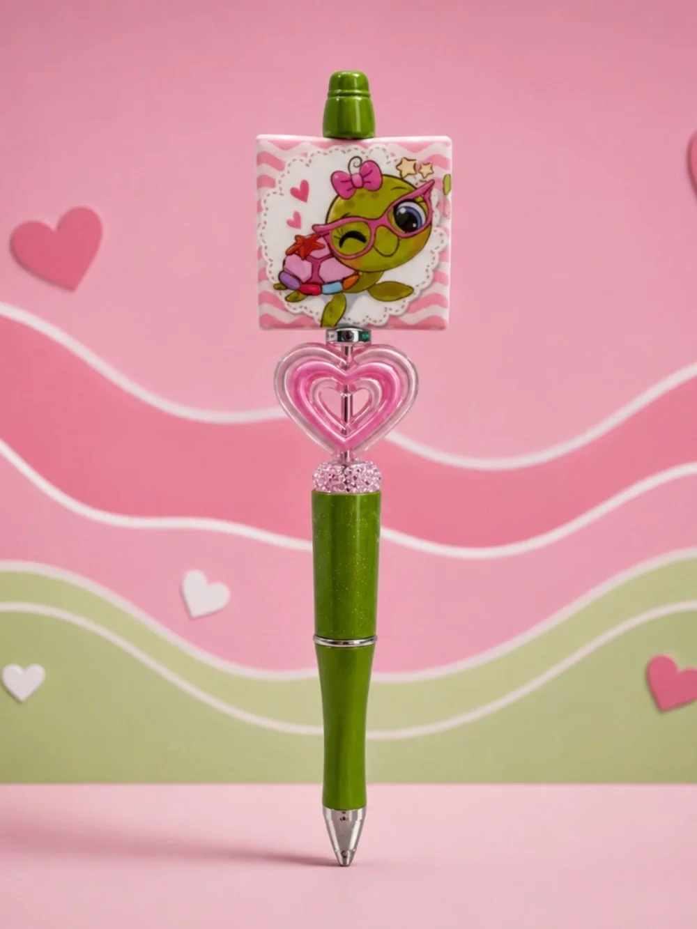 Sweet Turtle Heart Decorative Beaded Pen
